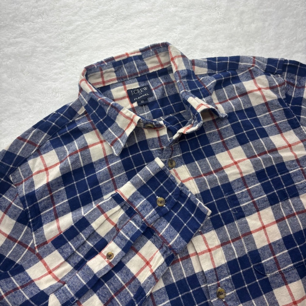 J.Crew Flannel Shirt Mens Medium Navy Blue Red White Plaid Button Down AZ837 NWT